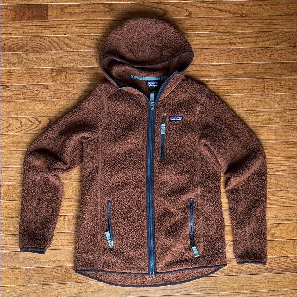Patagonia women’s brown sherpa fur full zip hooded jacket